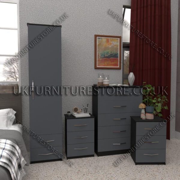 Front Gray Side Black 1 Door Wardrobe Set With 2 Bottom Drawers and Chest Drawers