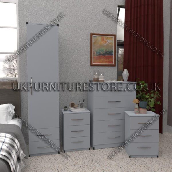 Silver 1 Door Wardrobe Set With 2 Bottom Drawers and Chest Drawers