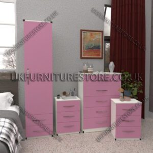 Front Pink Side White 1 Door Wardrobe Set With 2 Bottom Drawers and Chest Drawers