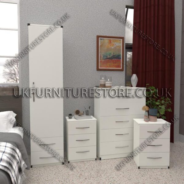 White 1 Door Wardrobe Set With 2 Bottom Drawers and Chest Drawers