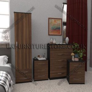 Front Walnut Side Black 1 Door Wardrobe Set With 2 Bottom Drawers and Chest Drawers