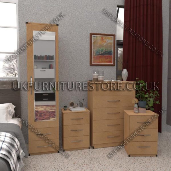 Beech 1 Door Mirrored Wardrobe Set With 2 Bottom Drawers and Chest Drawers