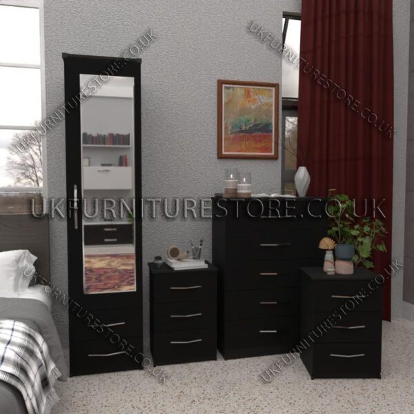 Black 1 Door Mirrored Wardrobe Set With 2 Bottom Drawers and Chest Drawers
