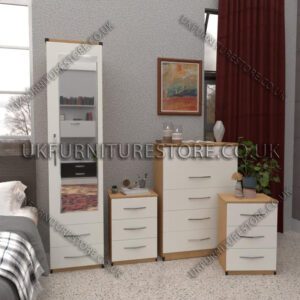 Front White Side Beech 1 Door Mirrored Wardrobe Set With 2 Bottom Drawers and Chest Drawers