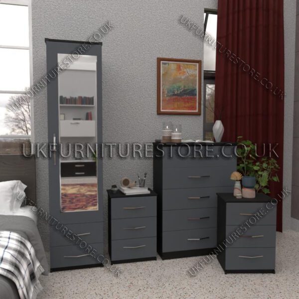 Front Gray Side Black 1 Door Mirrored Wardrobe Set With 2 Bottom Drawers and Chest Drawers