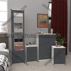Front Gray Side White 1 Door Mirrored Wardrobe Set With 2 Bottom Drawers and Chest Drawers