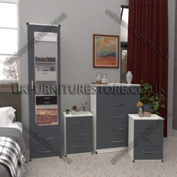 Front Gray Side White 1 Door Mirrored Wardrobe Set With 2 Bottom Drawers and Chest Drawers