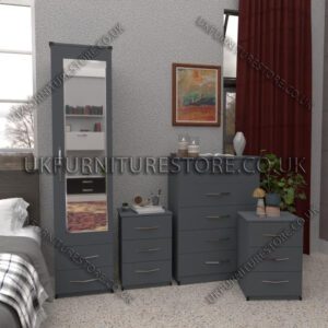 Gray 1 Door Mirrored Wardrobe Set With 2 Bottom Drawers and Chest Drawers