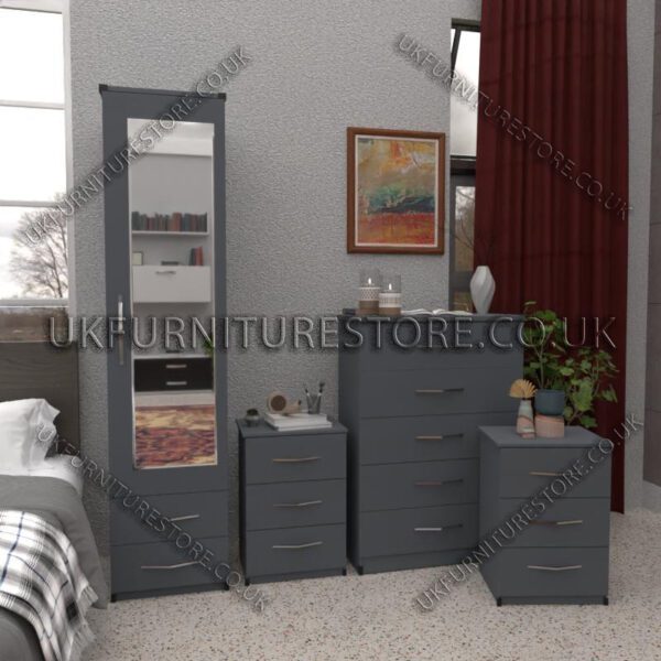 Gray 1 Door Mirrored Wardrobe Set With 2 Bottom Drawers and Chest Drawers