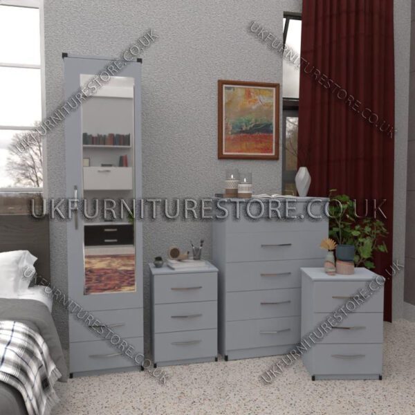 Silver 1 Door Mirrored Wardrobe Set With 2 Bottom Drawers and Chest Drawers