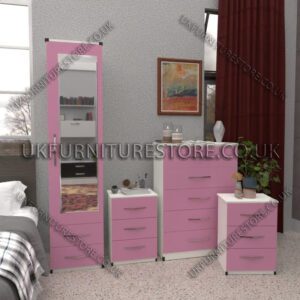 Front Pink Side White 1 Door Mirrored Wardrobe Set With 2 Bottom Drawers and Chest Drawers
