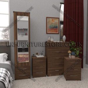 Walnut 1 Door Mirrored Wardrobe Set With 2 Bottom Drawers and Chest Drawers