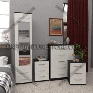 Front White Side Black 1 Door Mirrored Wardrobe Set With 2 Bottom Drawers and Chest Drawers
