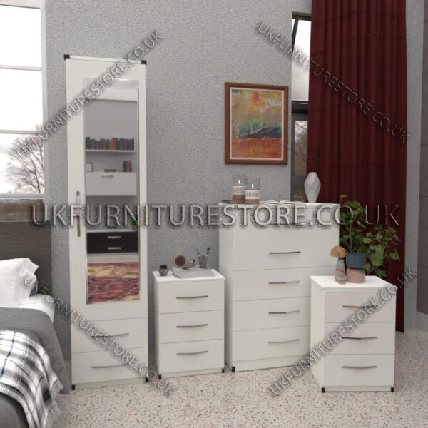 White 1 Door Mirrored Wardrobe Set With 2 Bottom Drawers and Chest Drawers