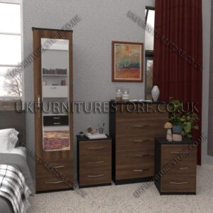 Front Walnut Side Black 1 Door Mirrored Wardrobe Set With 2 Bottom Drawers and Chest Drawers