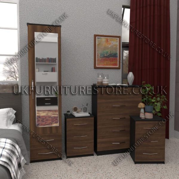 Front Walnut Side Black 1 Door Mirrored Wardrobe Set With 2 Bottom Drawers and Chest Drawers