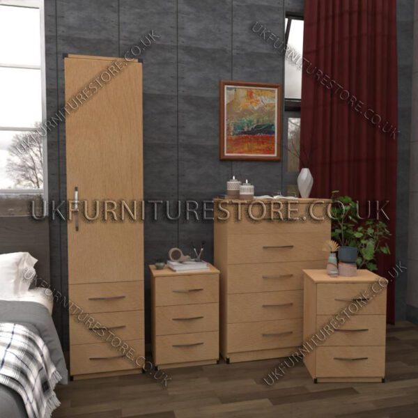 Beech 1 Door Wardrobe Set With 3 Bottom Drawers and Chest Drawers