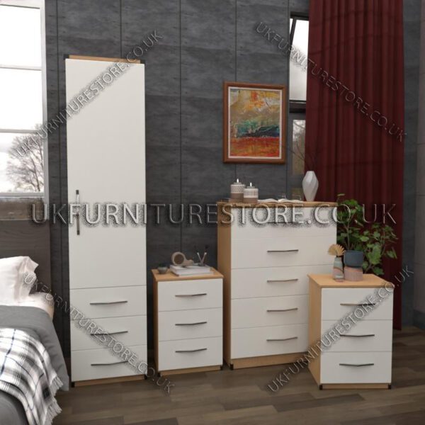 Front White Side Oak 1 Door Wardrobe Set With 3 Bottom Drawers and Chest Drawers