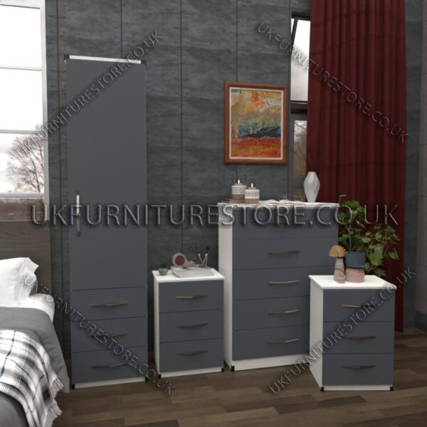Front Gray Side White 1 Door Wardrobe Set With 3 Bottom Drawers and Chest Drawers