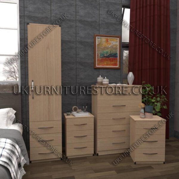 Oak 1 Door Wardrobe Set With 3 Bottom Drawers and Chest Drawers