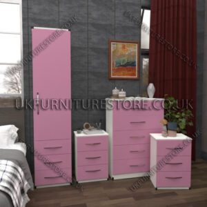 Front Pink Side White 1 Door Wardrobe Set With 3 Bottom Drawers and Chest Drawers