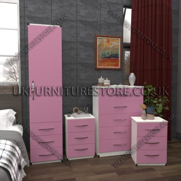 Front Pink Side White 1 Door Wardrobe Set With 3 Bottom Drawers and Chest Drawers