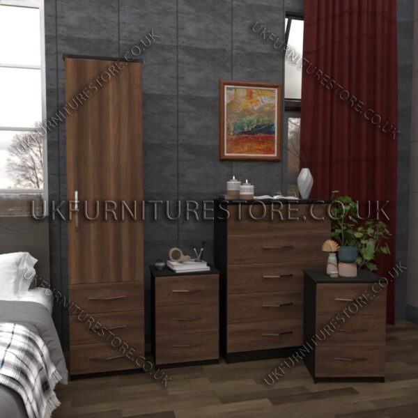 Front Walnut Side Black 1 Door Wardrobe Set With 3 Bottom Drawers and Chest Drawers