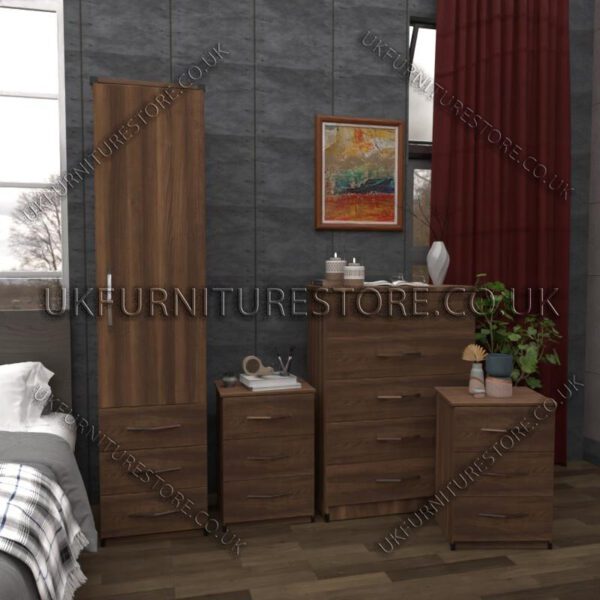 Walnut 1 Door Wardrobe Set With 3 Bottom Drawers and Chest Drawers