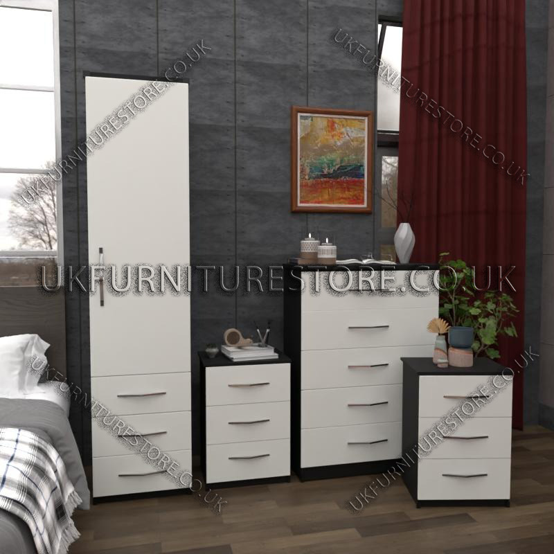 Front White Side Black 1 Door Wardrobe Set With 3 Bottom Drawers and Chest Drawers