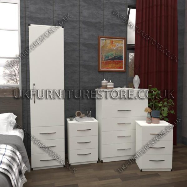 White 1 Door Wardrobe Set With 3 Bottom Drawers and Chest Drawers