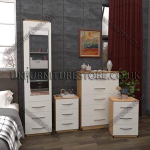 Front White Side Oak 1 Door Mirrored Wardrobe Set With Chest and Bedsides