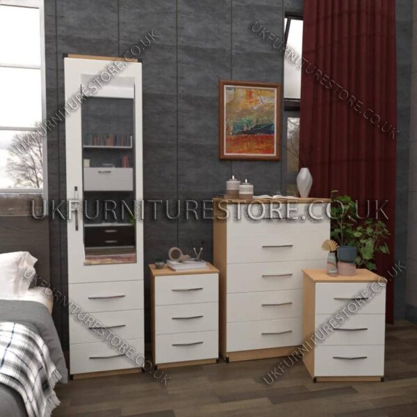 Front White Side Oak 1 Door Mirrored Wardrobe Set With Chest and Bedsides