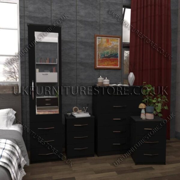 Black 1 Door Mirrored Wardrobe Set With Chest and Bedsides