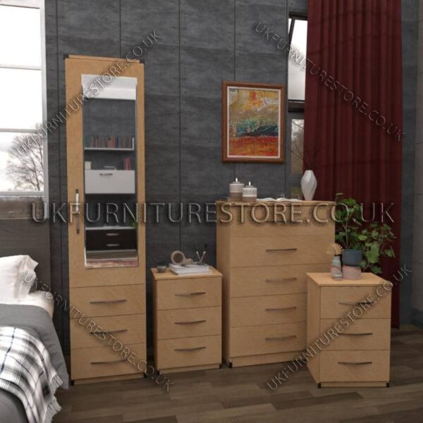 Beech 1 Door Mirrored Wardrobe Set With Chest and Bedsides