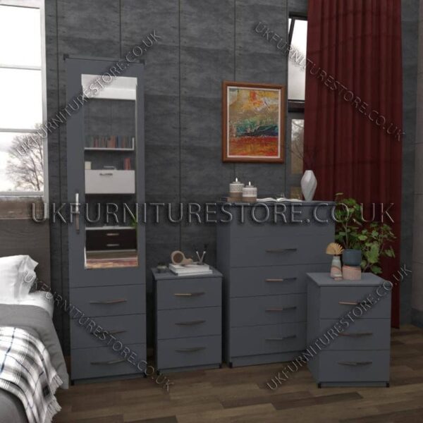 Gray 1 Door Mirrored Wardrobe Set With Chest and Bedsides
