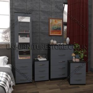 Front Gray Side Black 1 Door Mirrored Wardrobe Set With Chest and Bedsides