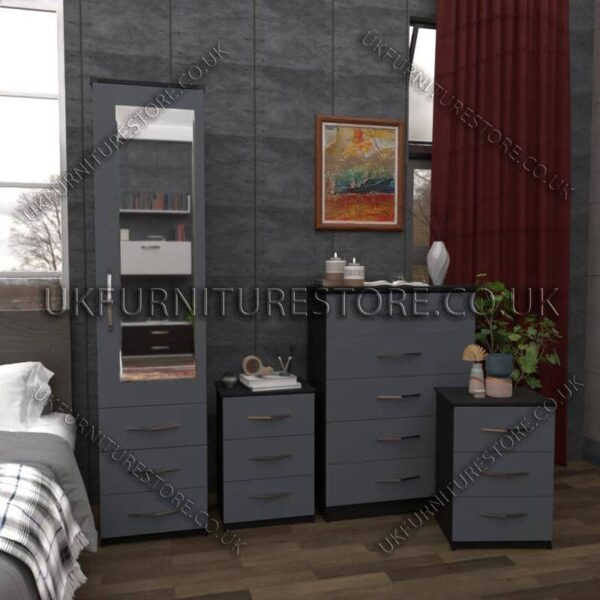 Front Gray Side Black 1 Door Mirrored Wardrobe Set With Chest and Bedsides