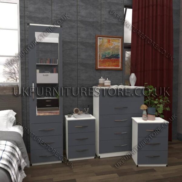 Front Gray Side White 1 Door Mirrored Wardrobe Set With Chest and Bedsides