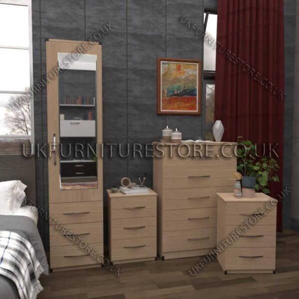 Oak 1 Door Mirrored Wardrobe Set With Chest and Bedsides