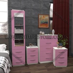 Front Pink Side White 1 Door Mirrored Wardrobe Set With Chest and Bedsides