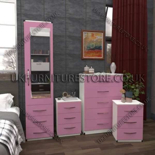 Front Pink Side White 1 Door Mirrored Wardrobe Set With Chest and Bedsides