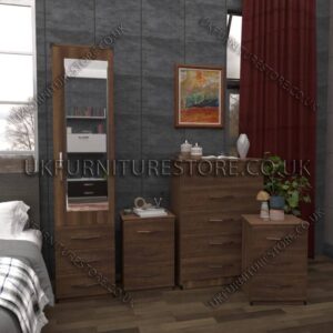 Walnut 1 Door Mirrored Wardrobe Set With Chest and Bedsides