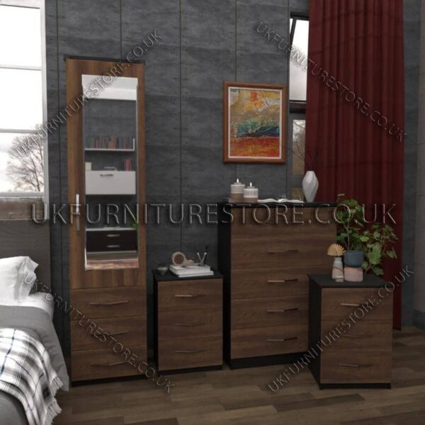 Front Walnut Side Black 1 Door Mirrored Wardrobe Set With Chest and Bedsides
