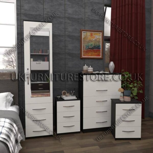 Front White Side Black 1 Door Mirrored Wardrobe Set With Chest and Bedsides