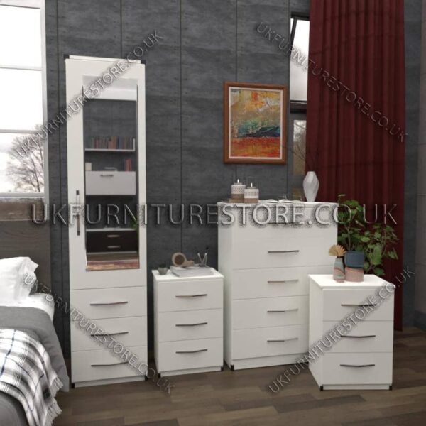 White 1 Door Mirrored Wardrobe Set With Chest and Bedsides