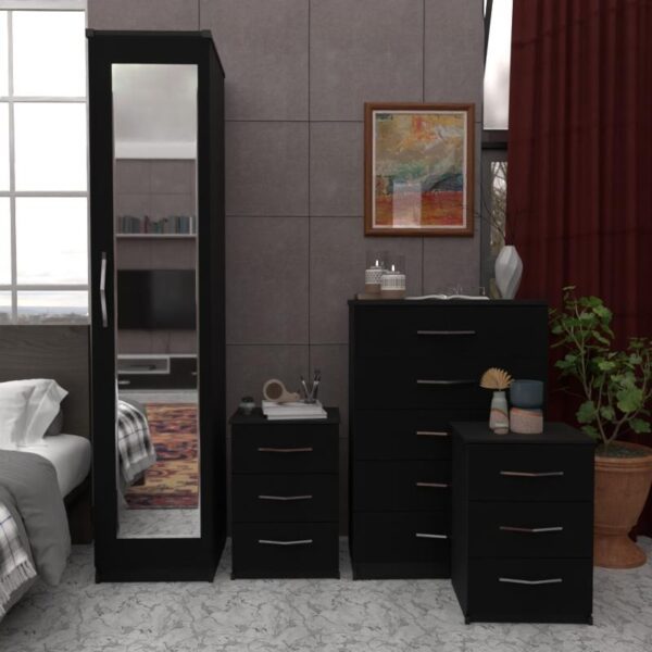 Black 1 Door Mirrored Wardrobe Set With Chest Drawers and Bedsides