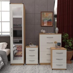 Front White Side Beech 1 Door Mirrored Wardrobe Set With Chest Drawers and Bedsides