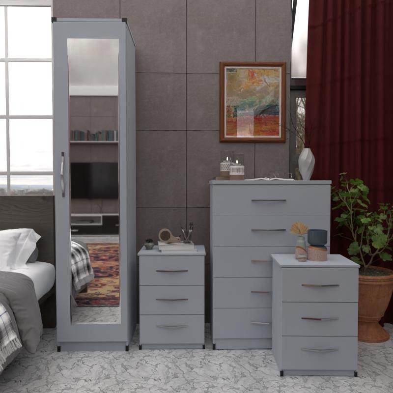 Silver 1 Door Mirrored Wardrobe Set With Chest Drawers and Bedsides