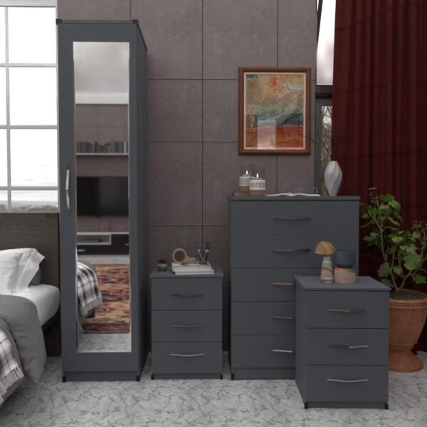 Gray 1 Door Mirrored Wardrobe Set With Chest Drawers and Bedsides