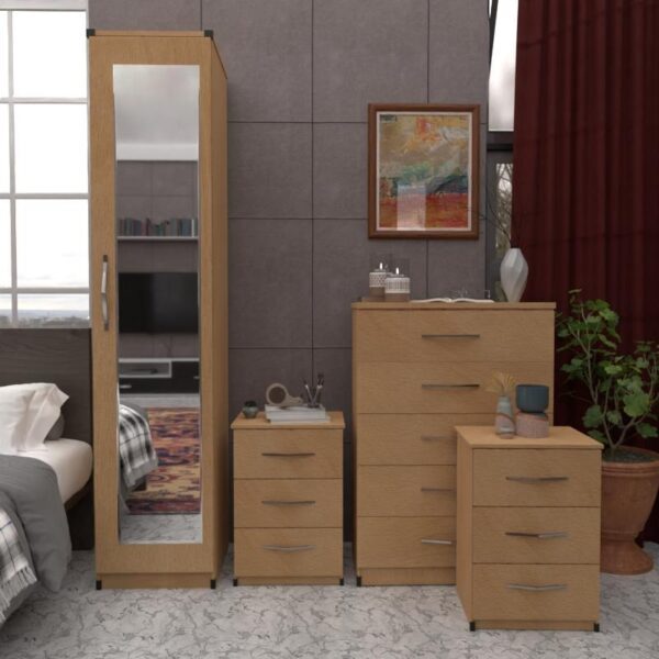 Beech 1 Door Mirrored Wardrobe Set With Chest Drawers and Bedsides